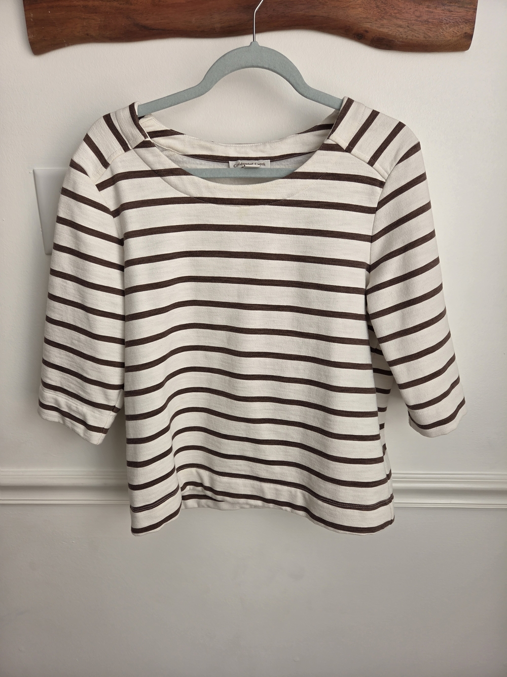 Coldwater Creek Cream & Brown Striped Scoop Neck Top